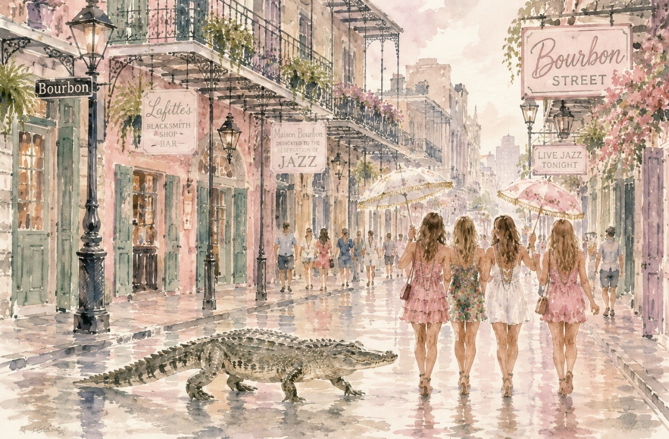 Pastel watercolor Bourbon Street scene with a bachelorette group and an alligator