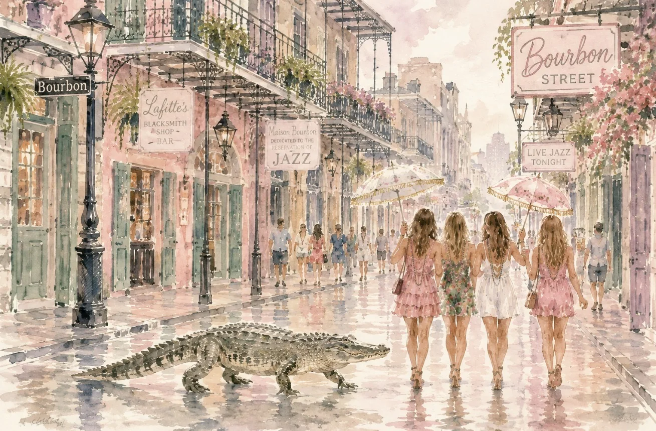 Pastel watercolor Bourbon Street scene with a bachelorette group and an alligator
