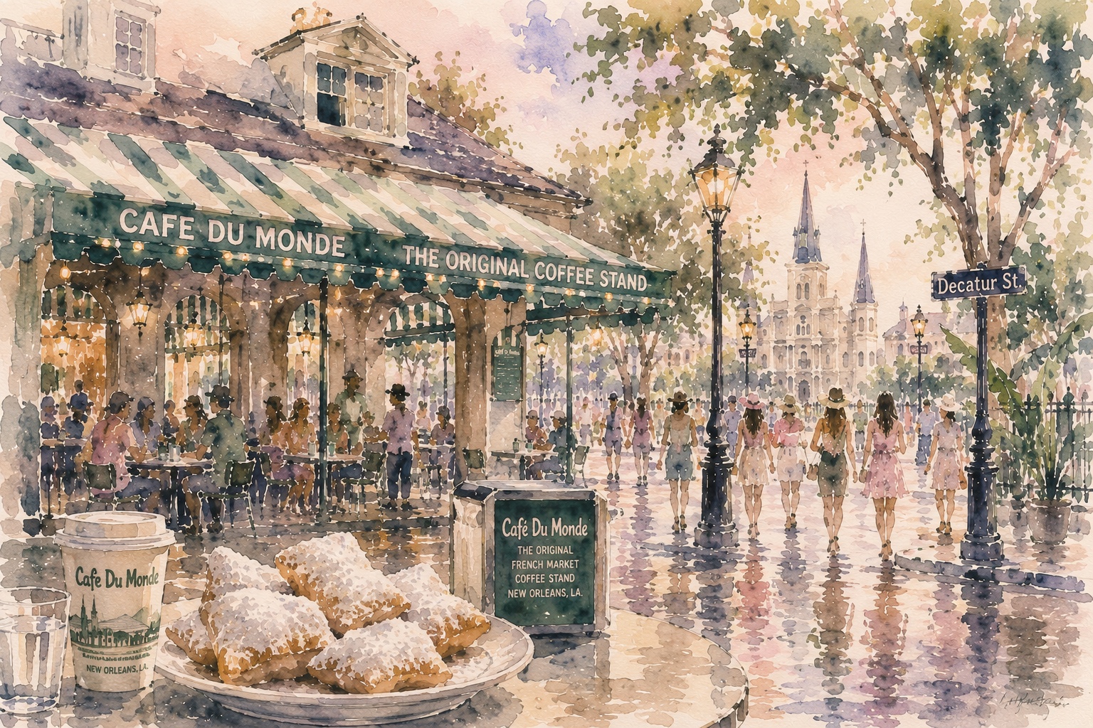 Watercolor Cafe du Monde with beignets in the foreground