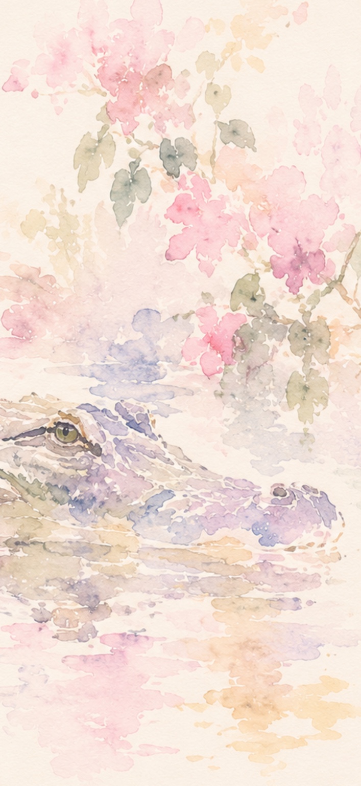 Soft pastel watercolor alligator among pink blossoms
