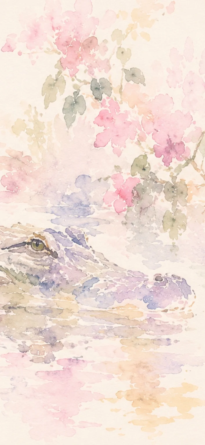 Soft pastel watercolor alligator among pink blossoms