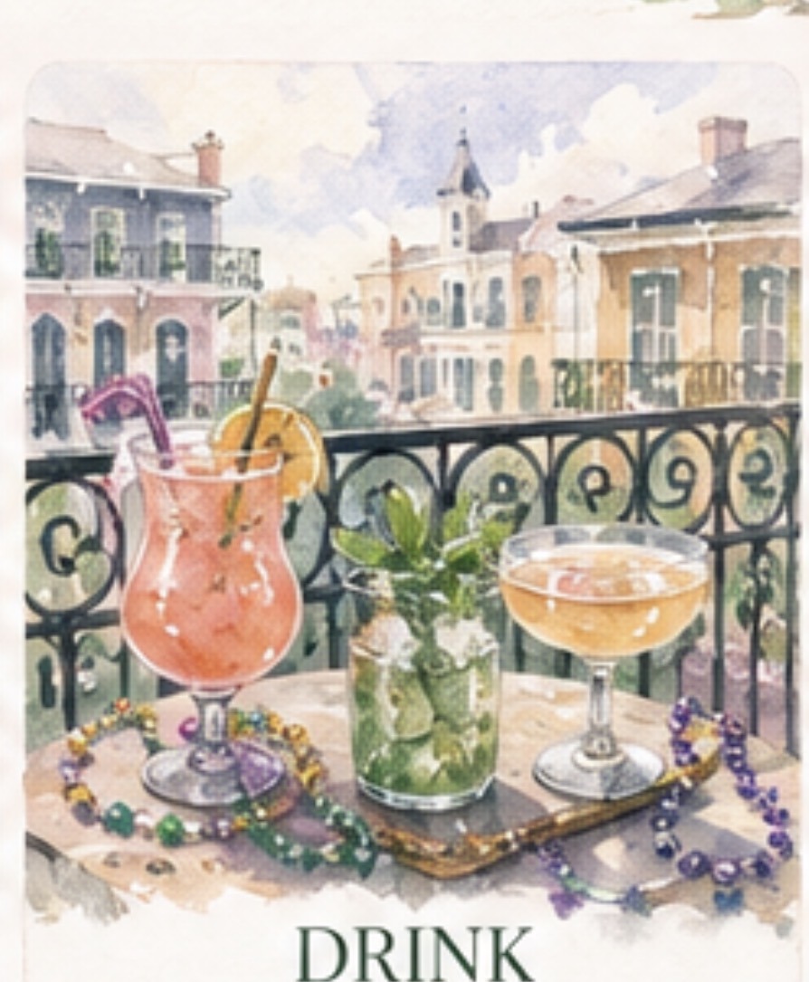 Watercolor cocktails on a New Orleans balcony