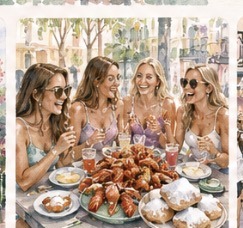 Watercolor bachelorette brunch with crawfish and beignets