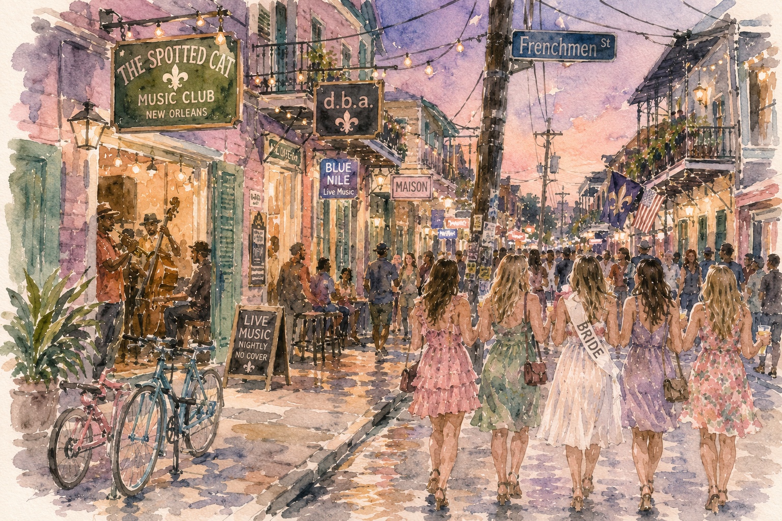 Watercolor Frenchmen Street with music clubs and a bachelorette group