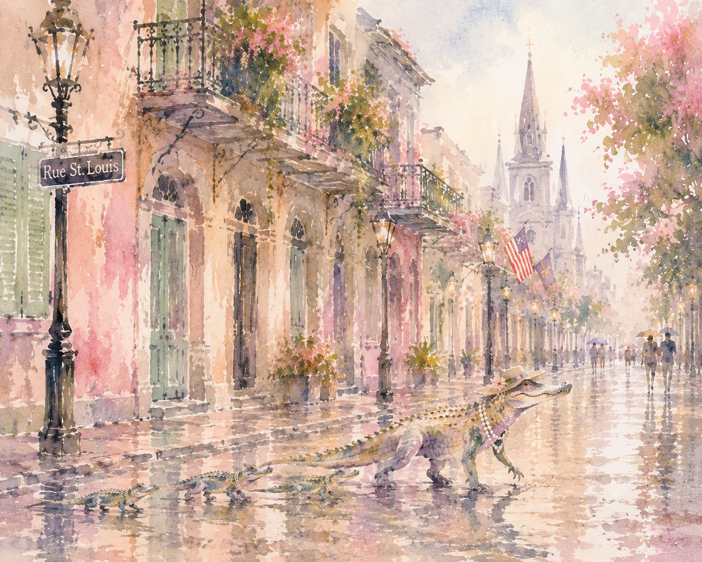 Pastel watercolor alligator in pearls and hat with baby alligators in the French Quarter