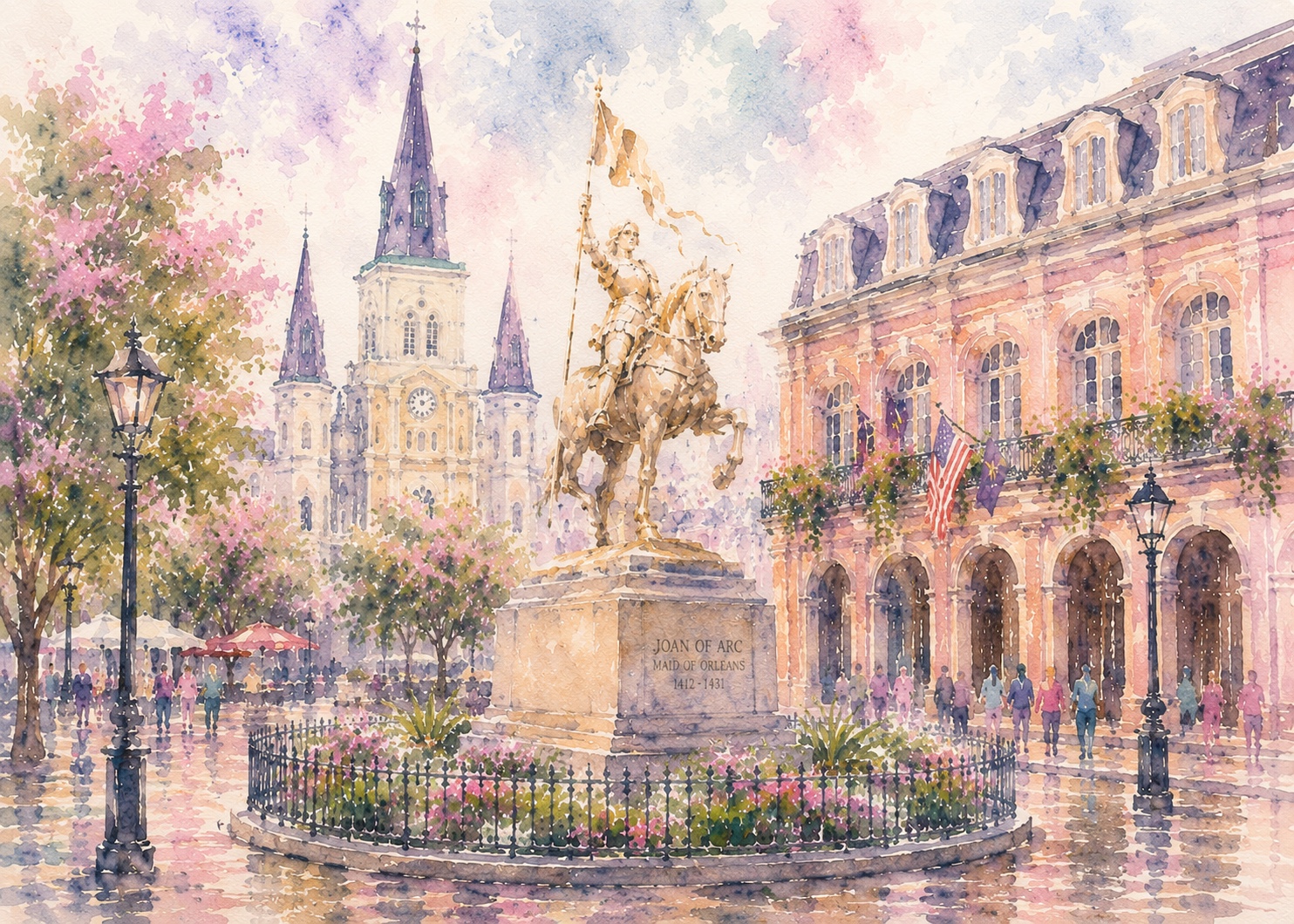 Pastel watercolor Joan of Arc in the French Quarter