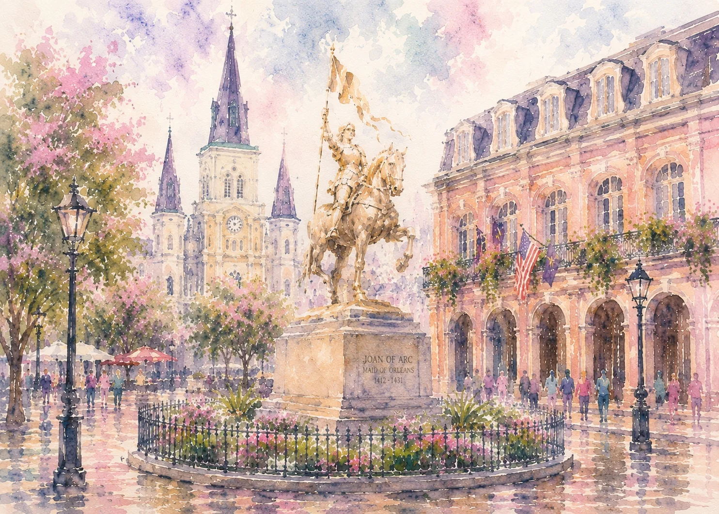Pastel watercolor Joan of Arc in the French Quarter