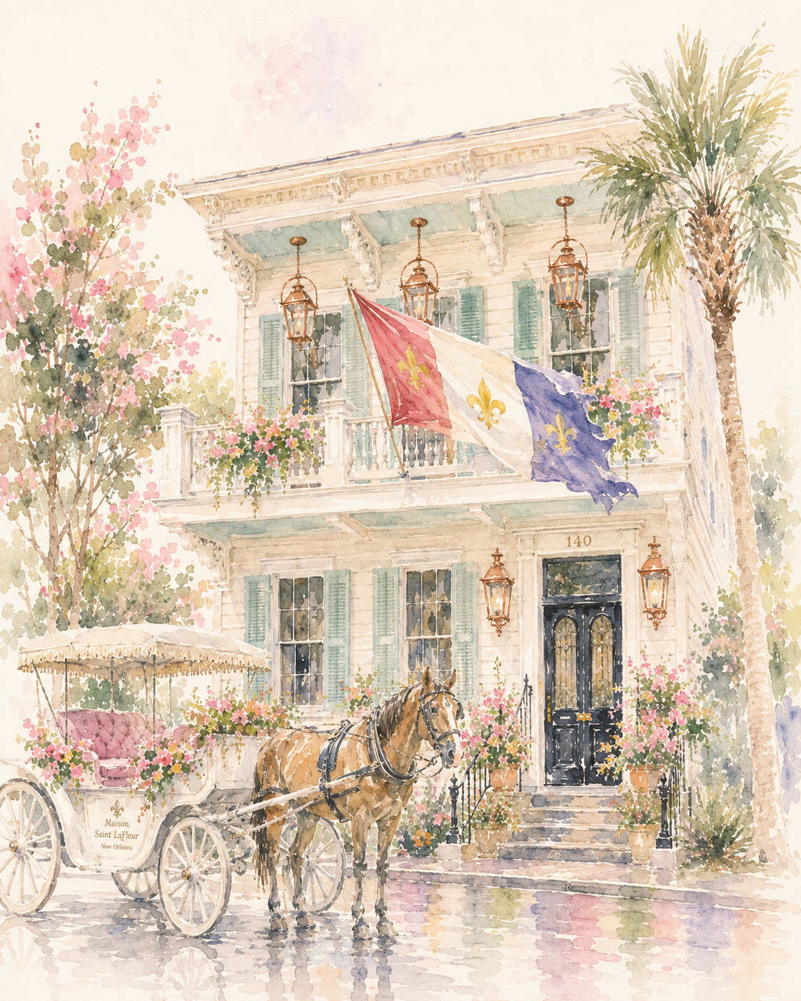 Watercolor Maison Saint LaFleur with horse-drawn carriage