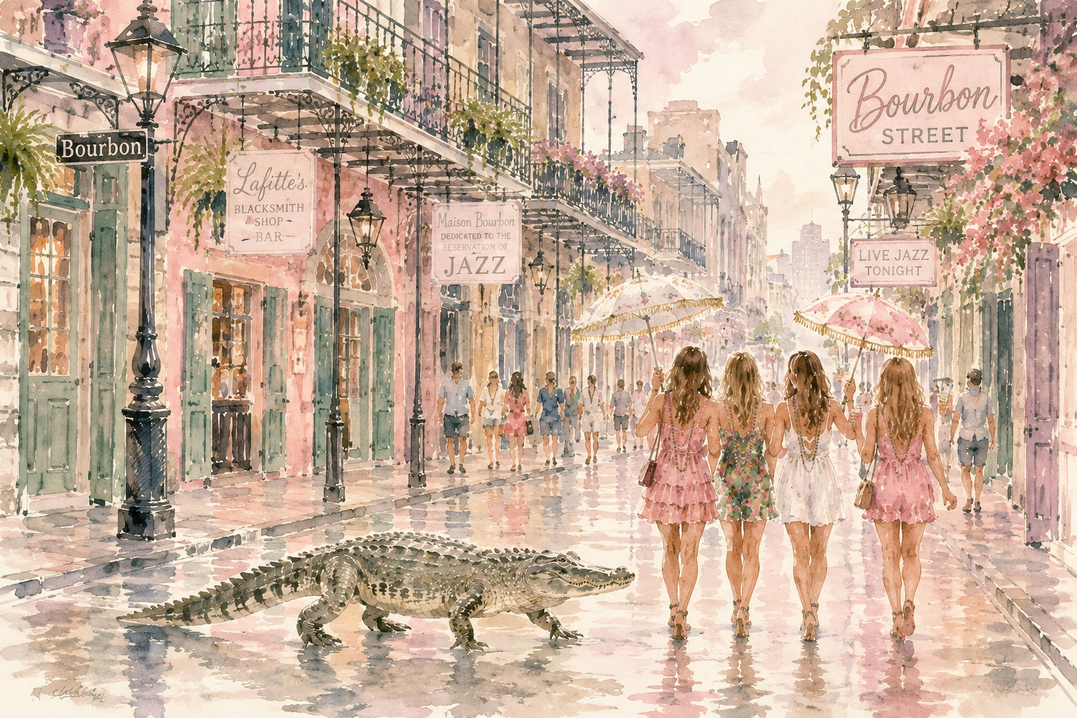 Watercolor New Orleans bachelorette nightlife scene