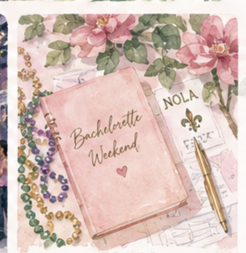 Watercolor bachelorette weekend itinerary with Mardi Gras beads