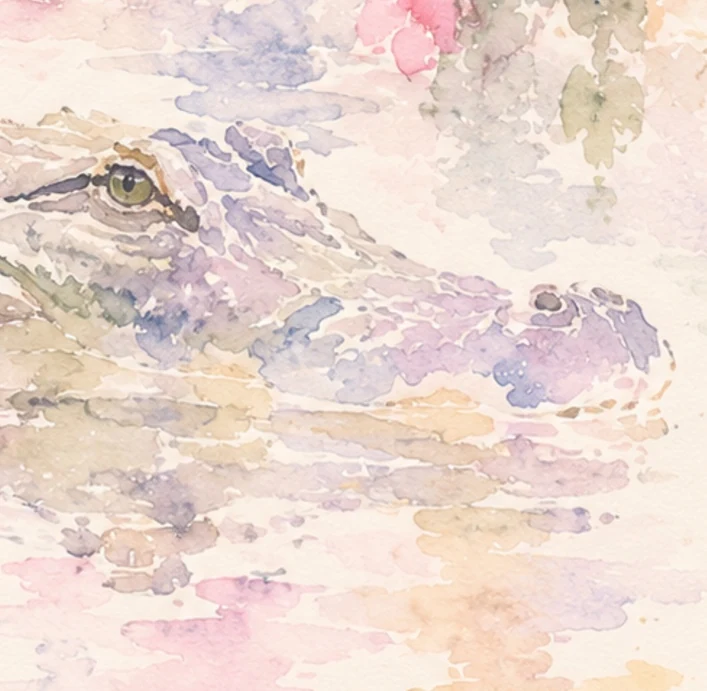 Pastel watercolor alligator visibly swimming through Louisiana bayou water