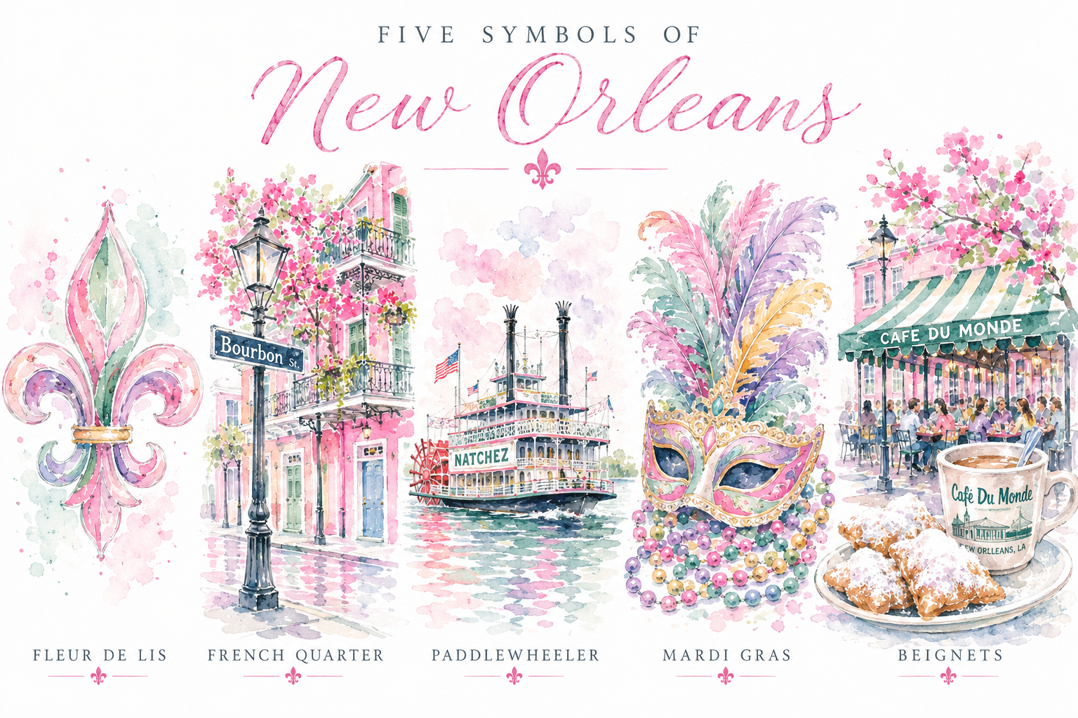 Five watercolor symbols of New Orleans