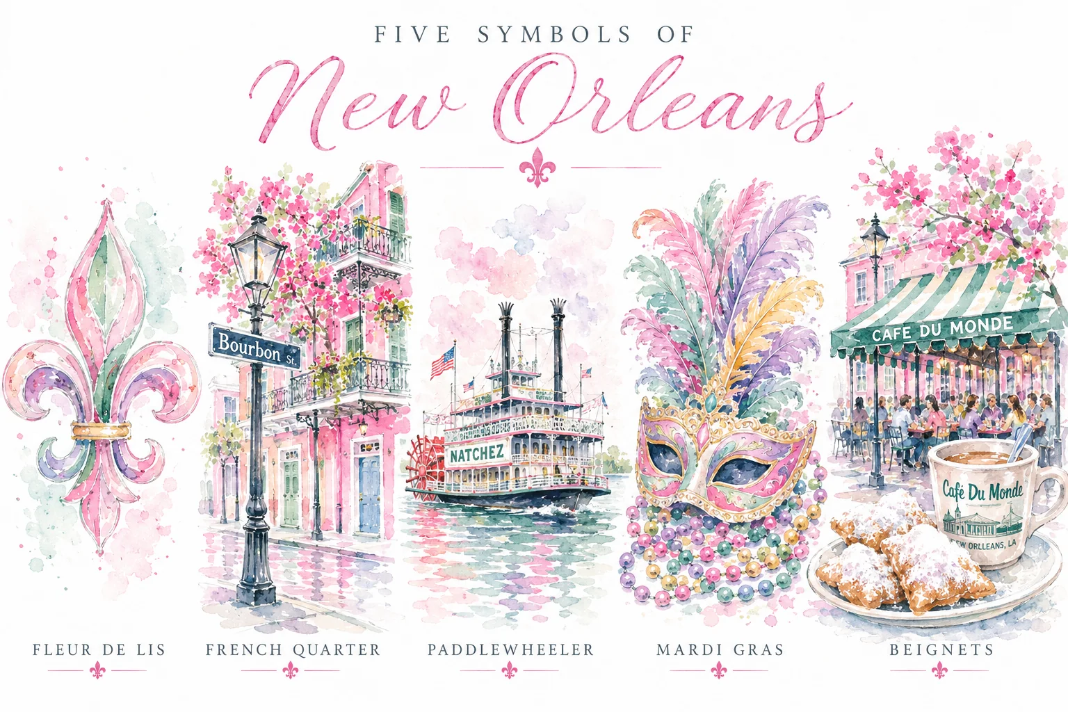 Five watercolor symbols of New Orleans
